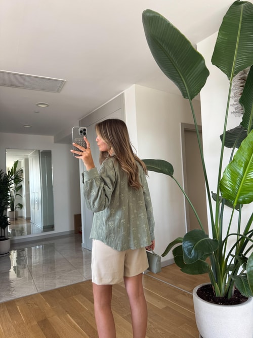 Nakışlı Müslin Gömlek Bluz - Mint