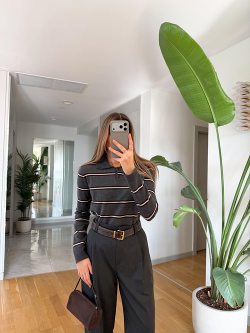 Name Polo Yaka İnce Çizgili Triko - Antrasit Kahve