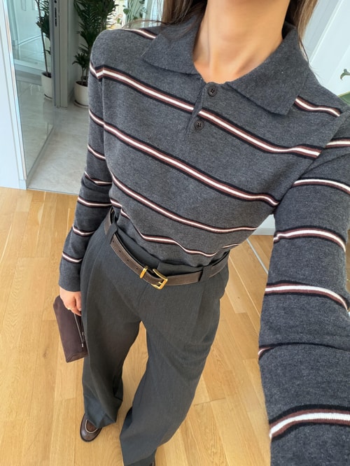 Name Polo Yaka İnce Çizgili Triko - Antrasit Kahve