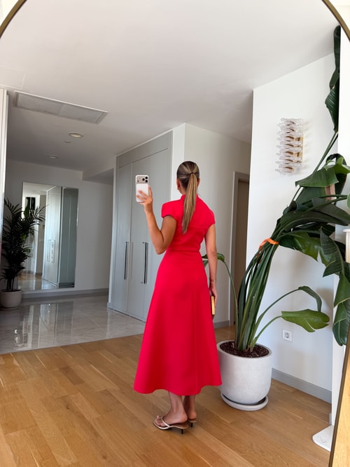 Nilsa Yaka Detaylı Midi Elbise - Kırmızı