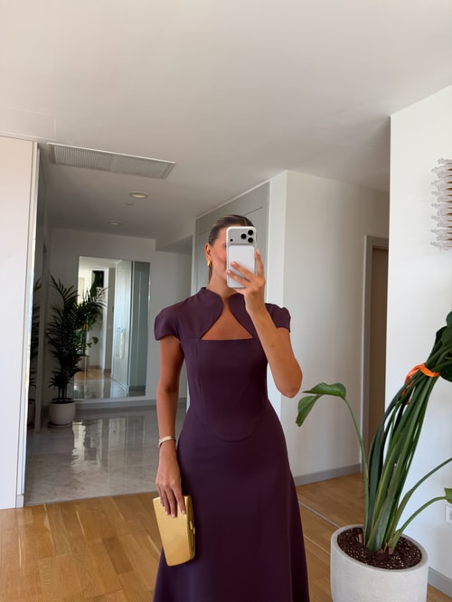 Nilsa Yaka Detaylı Midi Elbise - Mürdüm
