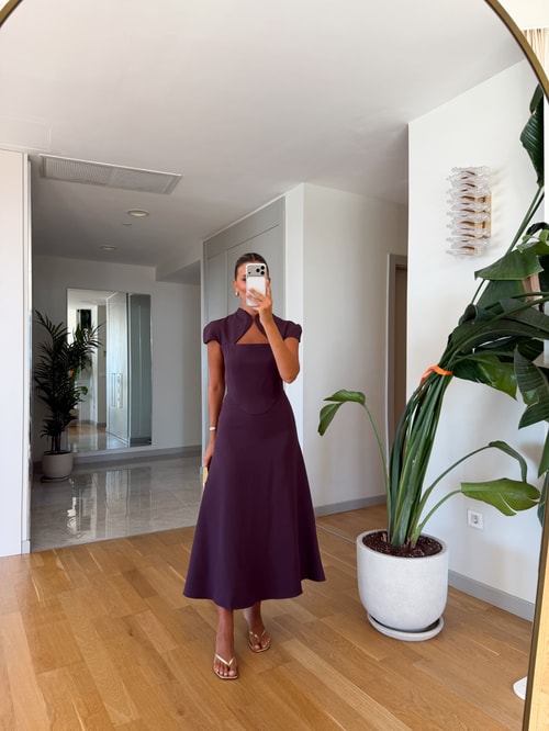Nilsa Yaka Detaylı Midi Elbise - Mürdüm