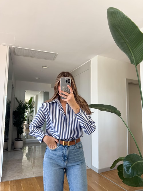 Nomi Çizgili Oxford Gömlek - Mavi