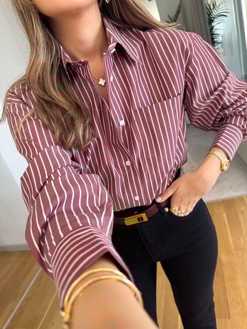 Nora Çizgili Oxford Gömlek - Bordo