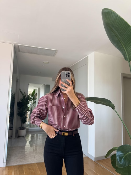 Nora Çizgili Oxford Gömlek - Bordo