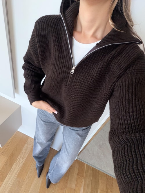 Nora Fermuarlı Kazak - Acı Kahve 