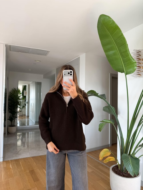 Nora Fermuarlı Kazak - Acı Kahve 