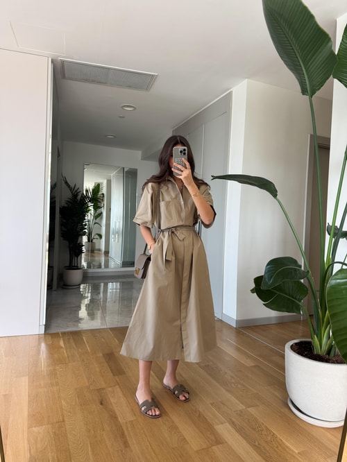 Olly Poplin Kumaş Kuşaklı Elbise - Camel