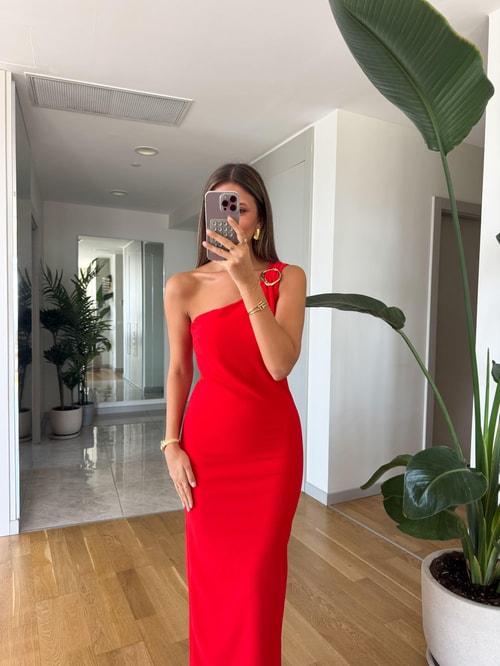 Omzu Gold Tokalı Elbise - Kırmızı