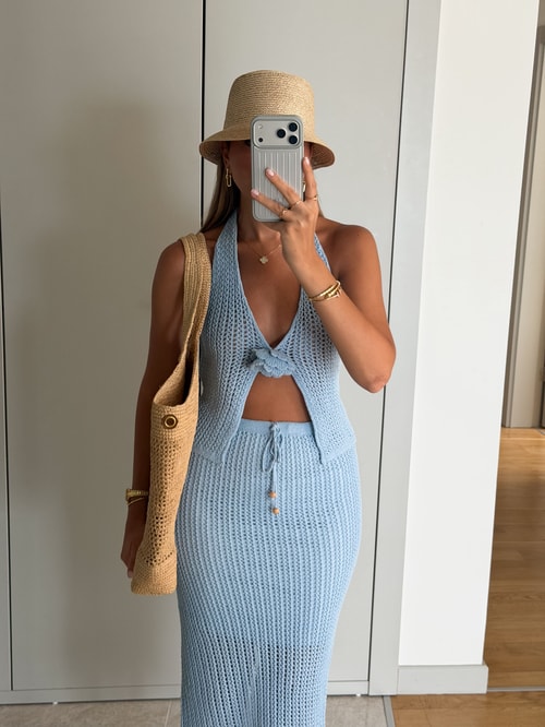 Önü Çiçek Motifli Beachwear - Mavi 