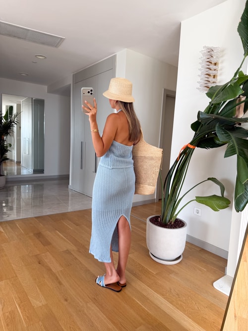 Önü Çiçek Motifli Beachwear - Mavi 