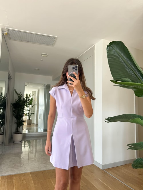 Önü Pileli Polo Yala Elbise-Lila