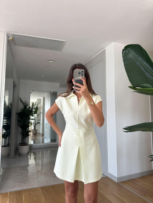 Önü Pileli Polo Yala Elbise-Lime
