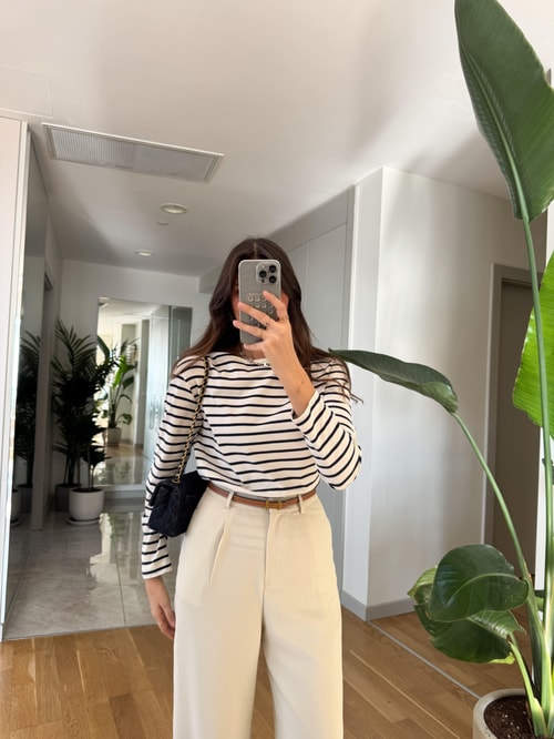 Other Çizgili Pamuklu Bluz-Ekru Lacivert