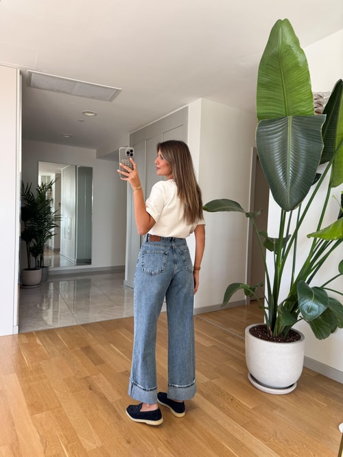 Paçası Katlı Yüksek Bel Jean - Orta Mavi