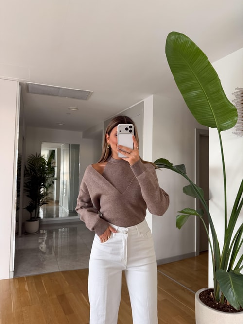 Page İkili V Yaka Triko - Bej