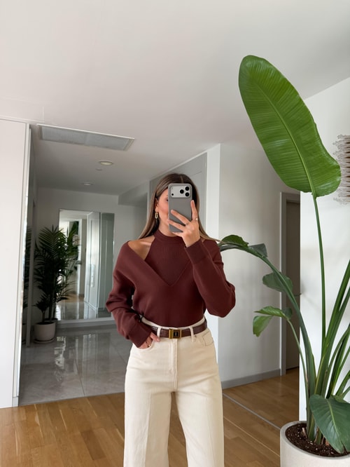 Page İkili V Yaka Triko - Kahve