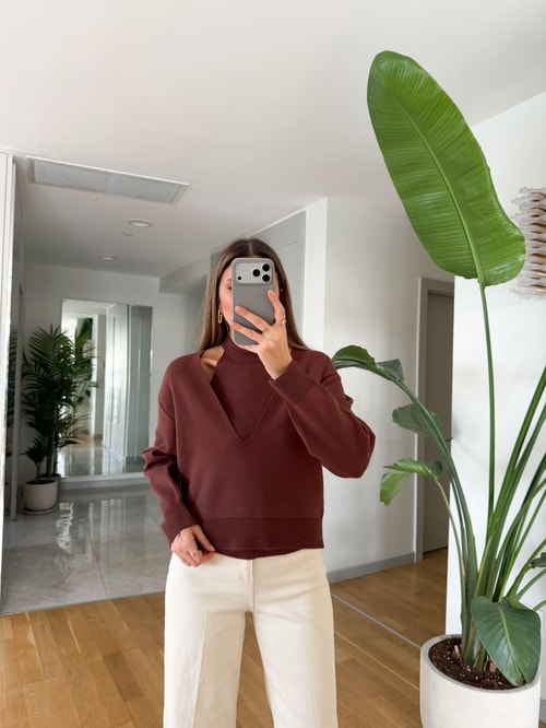 Page İkili V Yaka Triko - Kahve