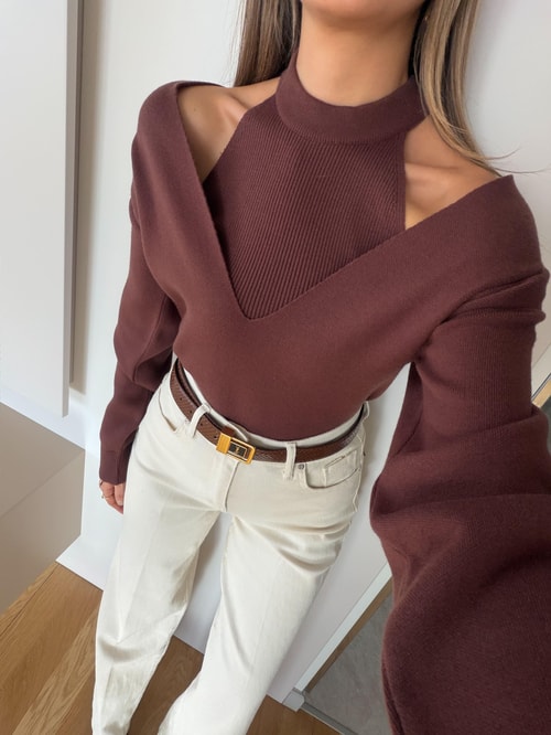 Page İkili V Yaka Triko - Kahve