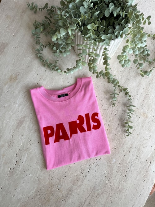 Paris Kırmızı Baskılı Tişört-Pembe