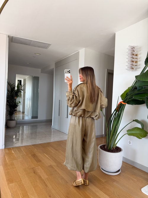 Parlak Kumaş Ceket Pantolon Takım - Yeşil 