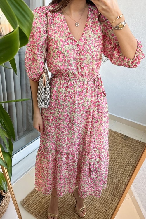 Pembe Çiçekli Romantik Şifon Elbise