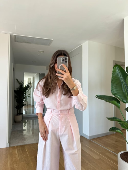 Pembe Poplin Kumaş Gömlek Pantolon Takım