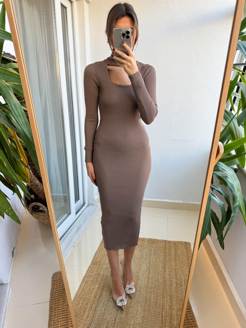 Pencere Yaka Triko Elbise-Vizon