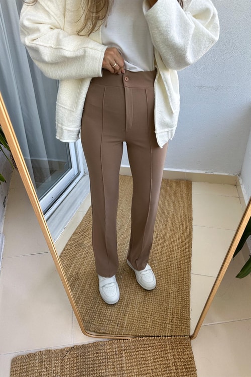 Perry Önden Çimalı Likralı Pantolon - Camel