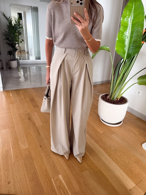 Pile Detaylı Kumaş Pantolon - Bej