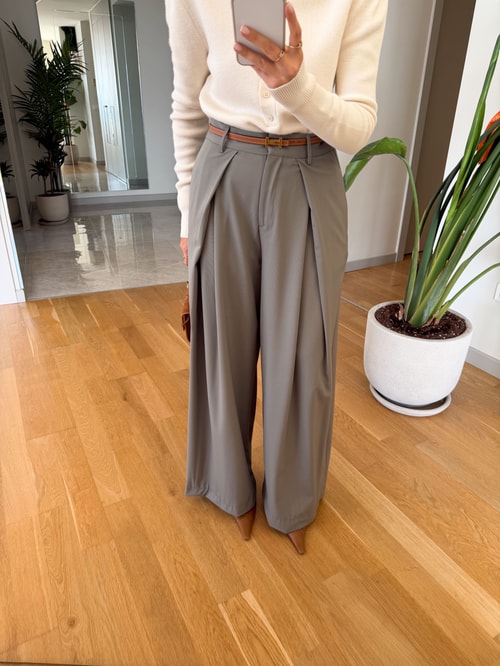 Pile Detaylı Kumaş Pantolon - Haki