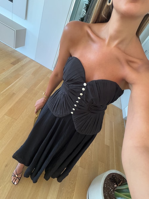 Pliseli Düğmeli Büstiyer - Siyah