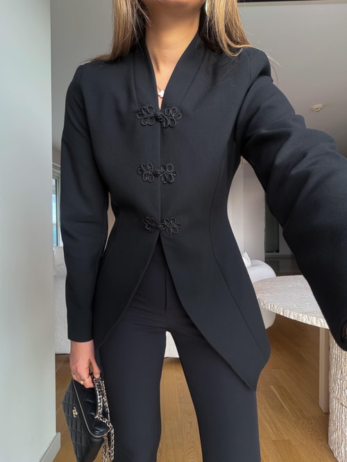 Poala Vatkalı  Belden Oturtmalı  Ceket - Siyah