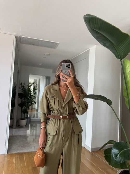 Polina Kemerli Kapak Cepli Tulum - Haki