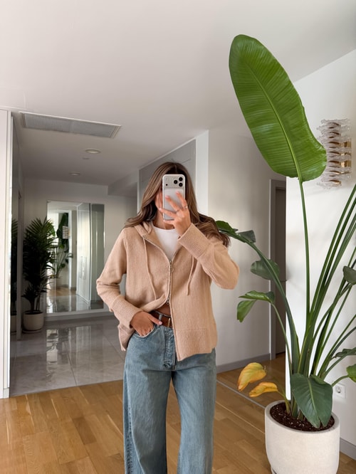 Polly Kapşonlu Triko Hırka - Bej 