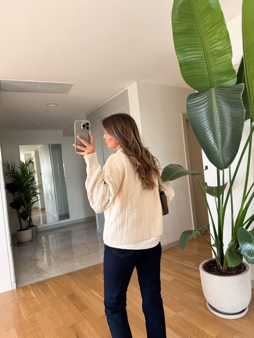 Polo Yaka Ayıcık Nakışlı Kazak - Ekru 