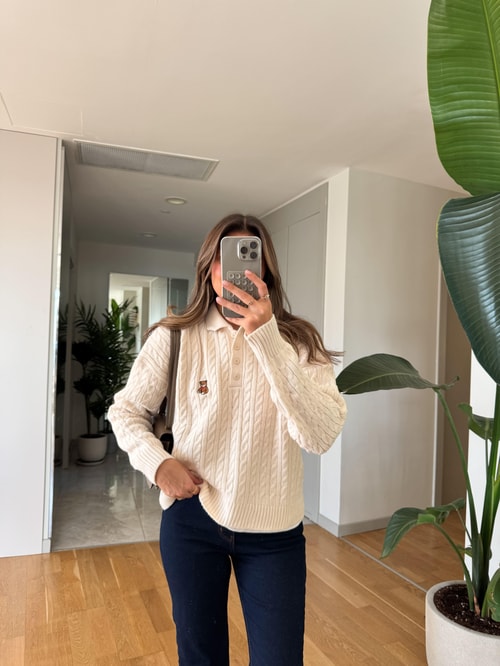 Polo Yaka Ayıcık Nakışlı Kazak - Ekru 