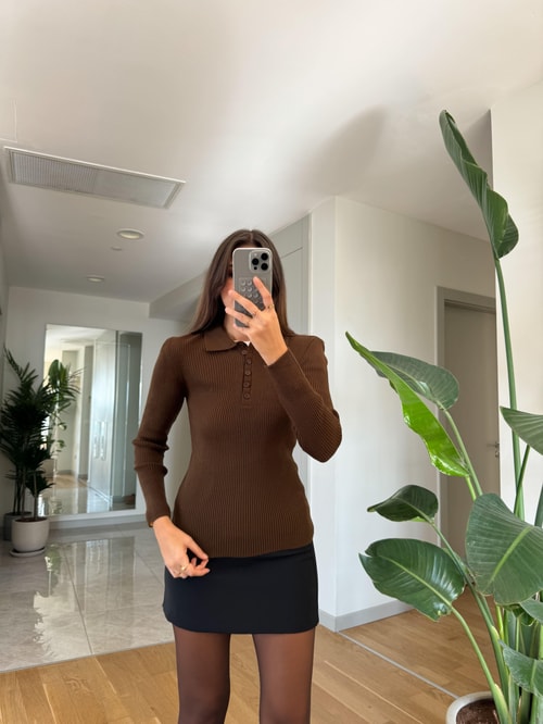 Polo Yaka Fitilli Triko-Koyu Kahve