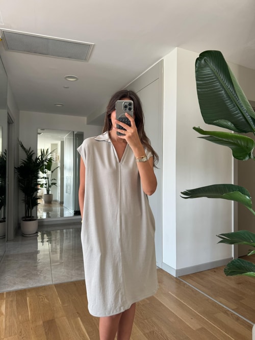 Polo Yaka Oversize Modal Elbise -Taş