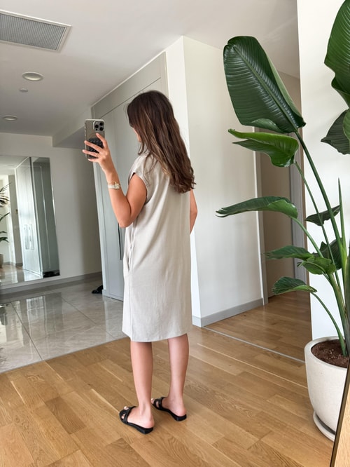 Polo Yaka Oversize Modal Elbise -Taş