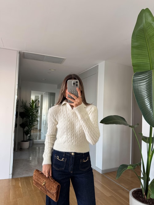 Polo Yaka Sakallı Saç Örgülü Triko - Ekru