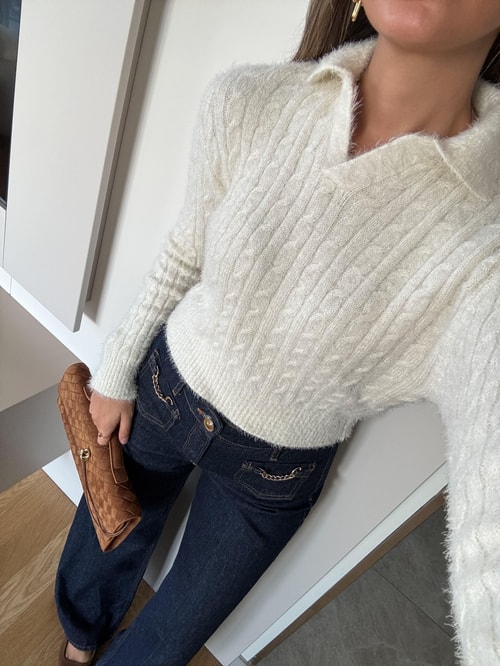 Polo Yaka Sakallı Saç Örgülü Triko - Ekru