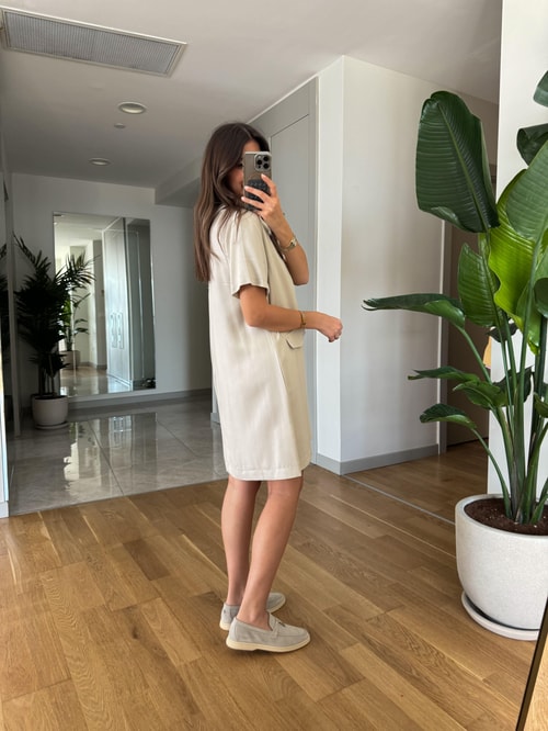 Polo Yaka Süs Cepli Basic Elbise-Taş
