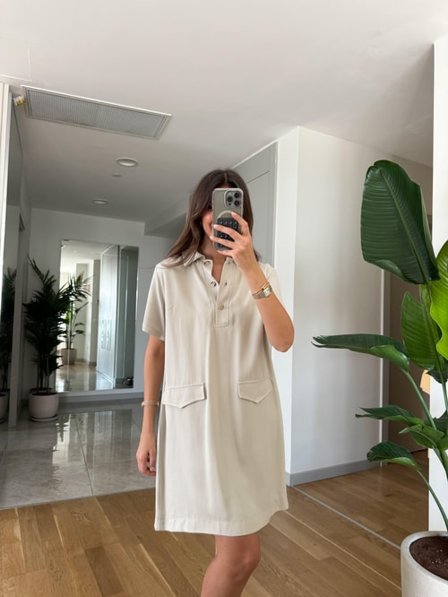 Polo Yaka Süs Cepli Basic Elbise-Taş