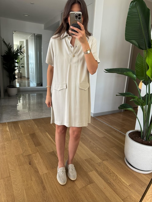 Polo Yaka Süs Cepli Basic Elbise-Taş