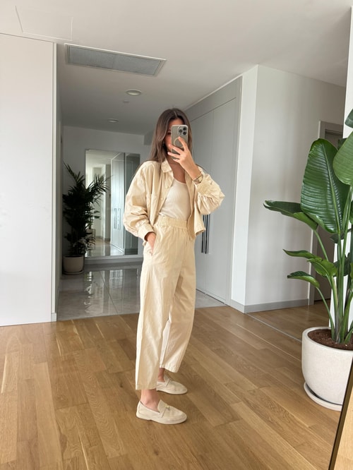 Poplin Pantolon Gömlek Takım-Bej