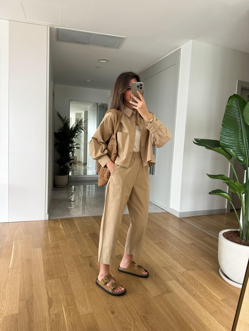 Poplin Pantolon Gömlek Takım-Camel