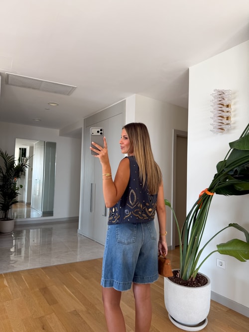Premium Boncuk İşlemeli Yelek - Lacivert