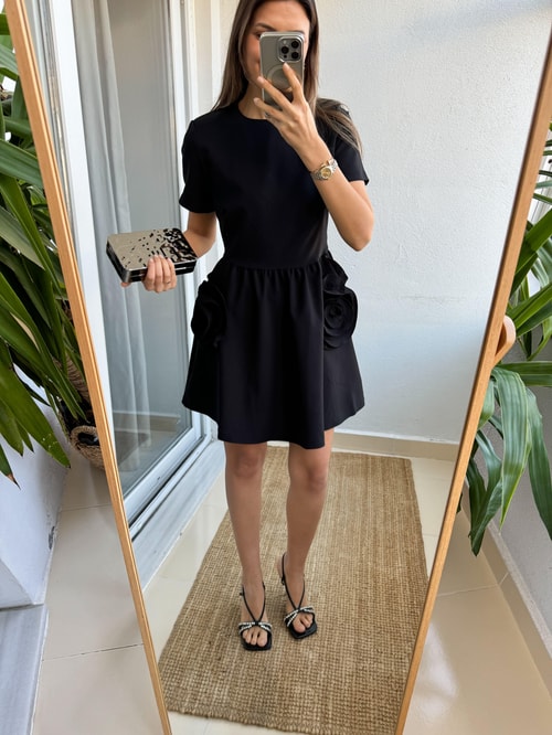 Premium Büyük Gül Detaylı Krep Elbise-Siyah