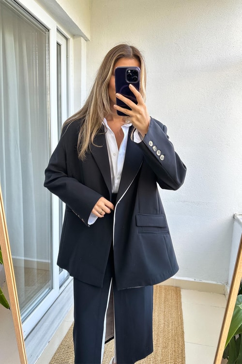 Premium Garnili Oversize Blazer Ceket - Taş